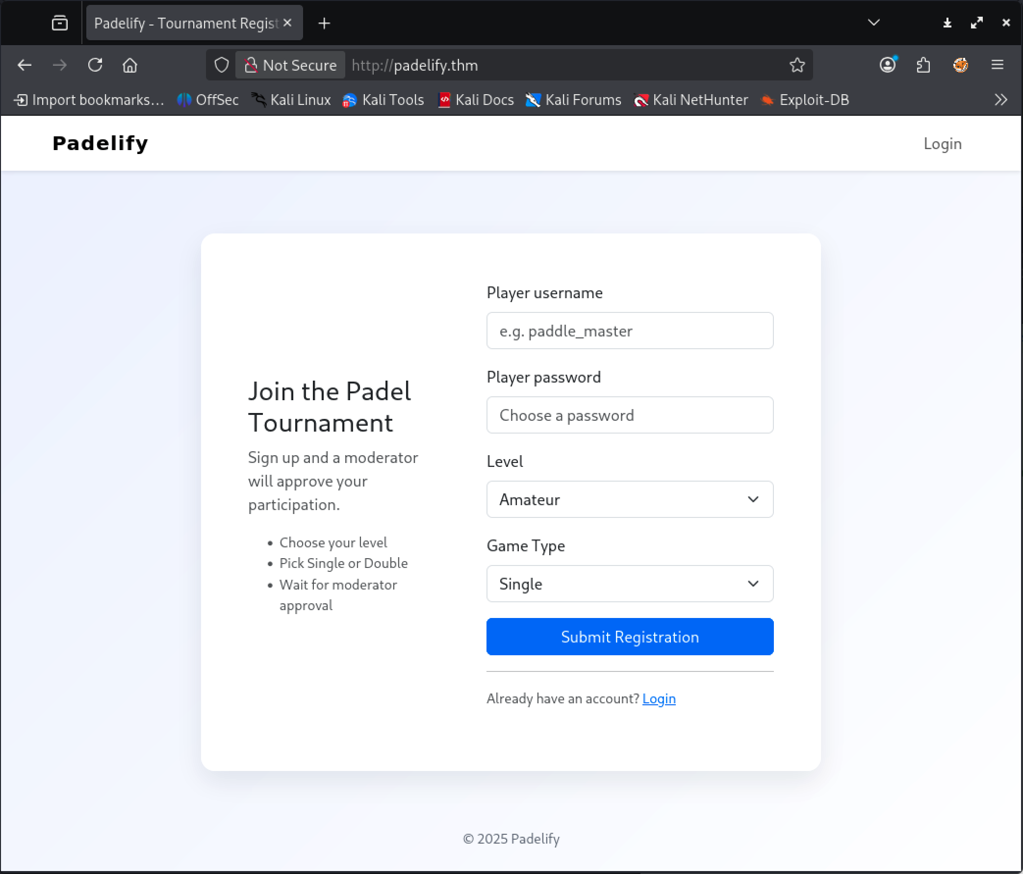 Tournament Registration Page